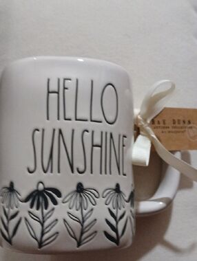 Rae Dunn White Hello Sunshine Ceramic Mug with Black Accent